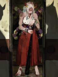 Rule 34 | 1girl, bare arms, bare shoulders, barefoot, blood, blood on clothes, blood on feet, blood splatter, closed mouth, club, club (weapon), cuffs, curled horns, dirty, full body, green hair, hair ornament, hair stick, hakama, hakama skirt, highres, holding, holding weapon, horns, indoors, japanese clothes, kanabou, kimono, long hair, makenevemoiine, messy hair, multicolored hair, multicolored horns, one piece, oni, planted, red hakama, red horns, rope, shackles, shaded face, shadow, shimenawa, skirt, sleeveless, sleeveless kimono, sliding doors, solo, standing, two-tone hair, unamused, weapon, white hair, yamato (one piece), yellow eyes, yellow horns