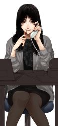 Rule 34 | 1girl, black dress, black hair, black skirt, chair, computer, dress, green jacket, grey eyes, highres, holding, holding phone, hoshi san 3, jacket, laptop, long hair, long sleeves, looking at viewer, mole, mole under mouth, office, office chair, office lady, original, phone, simple background, sitting, skirt, smile, solo, swivel chair, thighhighs, white background