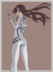 Rule 34 | 1girl, 946083d1, adjusting clothes, ass, border, brown background, brown hair, closed mouth, film grain, glasses, grey border, highres, light smile, long hair, makinami mari illustrious, neon genesis evangelion, plugsuit, red-framed eyewear, simple background, smile, solo, twintails
