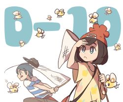 Rule 34 | 1boy, 1girl, :q, backpack, bag, baseball cap, beanie, black hair, black hat, blue eyes, butterfly net, capri pants, countdown, creatures (company), cutiefly, elio (pokemon), floral print, game freak, gen 7 pokemon, hand net, hat, nintendo, pants, pokemon, pokemon (creature), pokemon sm, red hat, selene (pokemon), shirt, short hair, simple background, ssalbulre, striped clothes, striped shirt, swept bangs, t-shirt, tied shirt, tongue, tongue out, white background, wide sleeves