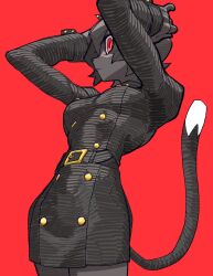 Rule 34 | 1girl, animal ears, black hair, bone nig, borrowed character, bow, breasts, cat, cat (colo (nagrolaz)), cat ears, cat girl, cat tail, highres, jacket, looking at viewer, original, red background, red eyes, short hair, solo, tail, tail bow, tail ornament, tail raised