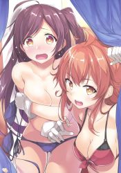 Rule 34 | 10s, 2girls, :d, absurdres, ahoge, arashi (kancolle), arm up, bare shoulders, bikini, unworn bikini top, blush, breasts, bright pupils, cleavage, collarbone, covering privates, covering breasts, cowboy shot, curtains, embarrassed, front-tie bikini top, front-tie top, full-face blush, gintarou (kurousagi108), gloves, hagikaze (kancolle), highres, kantai collection, leaning forward, long hair, looking at viewer, multiple girls, open mouth, orange eyes, outstretched arm, purple bikini, purple hair, red bikini, red hair, red ribbon, ribbon, round teeth, scan, smile, standing, swimsuit, teeth, thigh gap, thighs, topless, upper body, white gloves, white pupils, yellow eyes