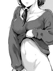 Rule 34 | 1girl, artist request, bad id, bad twitter id, breasts, cleavage, clothes lift, greyscale, halftone, large breasts, lifted by self, long hair, monochrome, naked sweater, navel, no panties, npt (calpis), original, out-of-frame censoring, scrunchie, solo, stomach, sweater, sweater lift
