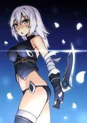 Rule 34 | 1girl, arm belt, bandaged arm, bandages, black panties, breasts, dagger, dual wielding, facial scar, fate/apocrypha, fate/grand order, fate (series), gloves, green eyes, highres, holding, holding dagger, holding knife, holding weapon, jack the ripper (fate/apocrypha), knife, kuro emimi, lowleg, lowleg panties, medium breasts, medium hair, aged up, panties, scar, scar across eye, scar on cheek, scar on face, shoulder tattoo, single glove, solo, tattoo, thighhighs, underwear, weapon, white hair