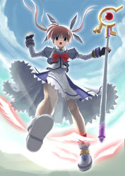 Rule 34 | 00s, 1girl, black gloves, blue eyes, bow, brown hair, capelet, fingerless gloves, gloves, hair ribbon, holding, holding weapon, legs, long sleeves, looking at viewer, lyrical nanoha, magazine (weapon), magical girl, mahou shoujo lyrical nanoha, mahou shoujo lyrical nanoha a&#039;s, polearm, purple eyes, raising heart, raising heart (accel mode), red bow, red hair, ribbon, shoes, short hair, solo, staff, takamachi nanoha, takamachi nanoha (sacred mode), twintails, two side up, uniform, weapon, winged footwear, wings