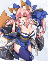 Rule 34 | 10s, 1girl, animal ear fluff, animal ears, bikini, blue bikini, blue kimono, blue ribbon, blue thighhighs, breasts, cleavage, detached sleeves, fang, fate/extra, fate/extra ccc, fate/grand order, fate (series), fox ears, fox girl, fox shadow puppet, fox tail, hair ribbon, japanese clothes, kimono, large breasts, looking at viewer, open mouth, pink hair, reina (black spider), ribbon, solo, swimsuit, tail, tamamo (fate), tamamo no mae (fate/extra), thighhighs, yellow eyes