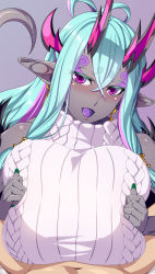 Rule 34 | 1boy, 1girl, 846-gou, absurdres, aqua hair, bare shoulders, blush, breasts, breasts squeezed together, dark-skinned female, dark skin, earrings, eyeliner, fate/grand order, fate (series), hetero, highres, horns, ibuki douji (fate), jewelry, large breasts, long hair, looking at viewer, makeup, multicolored hair, nail polish, oni, oni horns, open mouth, paizuri, paizuri under clothes, pink hair, pointy ears, red eyes, sidelocks, slit pupils, smile, sweater, tail, white sweater