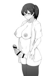 Rule 34 | 1futa, absurdres, blouse, blush, breasts, cleft of venus, embarrassed, erection, futanari, hair ribbon, highres, kaga (kancolle), kantai collection, large breasts, large penis, nipples, open clothes, open shirt, penis, pussy, ribbon, shirt, side ponytail, solo, sweat, takaman (gaffe), thighhighs, veins, veiny penis