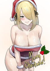Rule 34 | 1girl, absurdres, bare shoulders, blonde hair, blush, breasts, christmas, cleavage, creatures (company), cynthia (pokemon), dress, english text, fur cuffs, game freak, grey eyes, grin, hair ornament, hat, highres, large breasts, leaning forward, looking at viewer, merry christmas, mistletoe, nintendo, noras, panties, pokemon, pokemon dppt, red panties, santa costume, santa dress, santa hat, short dress, simple background, smile, solo, strapless, strapless dress, teeth, thighs, underwear