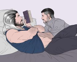 Rule 34 | 2boys, abs, arm hair, bara, beard, blue tank top, book, clothes lift, couple, crossed arms, earrings, facial hair, foreplay, from side, gold earrings, gradient hair, grey hair, hairy, hand under clothes, holding, holding book, jewelry, lifting another&#039;s clothes, long hair, looking at another, lying, male focus, male underwear, male underwear peek, mature male, movd art, multicolored hair, multiple boys, muscular, muscular male, mustache, navel hair, neckbeard, nipples, old, old man, on back, on bed, on stomach, original, profile, shirt lift, short hair, stud earrings, tank top, thick eyebrows, underwear, wrinkled skin, yaoi