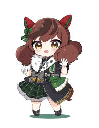Rule 34 | 1girl, :d, animal ears, black footwear, black jacket, bow, brown eyes, brown hair, chibi, colored shadow, commentary request, ear bow, fringe trim, full body, gloves, green bow, green skirt, hands up, highres, horse ears, horse girl, horse tail, jacket, long hair, looking at viewer, multicolored hair, nice nature (umamusume), nozo (hitomiz), open mouth, plaid, plaid skirt, puffy short sleeves, puffy sleeves, shadow, shoes, short sleeves, simple background, skirt, smile, solo, standing, streaked hair, tail, twintails, umamusume, white background, white gloves