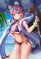 Rule 34 | 1girl, absurdres, animal ear fluff, animal ears, beach umbrella, bell, bikini, blue bikini, blush, breasts, cleavage, collar, collarbone, day, fang, fate/grand order, fate (series), fox ears, fox tail, groin, hand on own hip, highres, large breasts, looking at viewer, navel, neck bell, ocean, outdoors, parasol, pink hair, sato art, side-tie bikini bottom, solo, swimsuit, tail, tamamo (fate), tamamo no mae (fate/extra), tamamo no mae (swimsuit lancer) (fate), tamamo no mae (swimsuit lancer) (third ascension) (fate), umbrella, underboob, yellow eyes