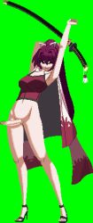 Rule 34 | 1futa, armpits, arms up, bottomless, breasts, cape, erection, full body, futanari, hair intakes, hair ornament, hair ribbon, high heels, katana, legs, long hair, looking at viewer, one eye closed, penis, pixel art, ponytail, purple hair, ribbon, simple background, smile, solo, standing, sword, thighs, toes, under night in-birth, weapon, white background, wink, yuzuriha (under night in-birth)