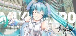 Rule 34 | 1girl, 39, absurdly long hair, aqua hair, aqua nails, bare shoulders, bent over, building, city, commentary, copyright name, detached sleeves, dress, closed eyes, facing viewer, floating hair, grin, hair ornament, hatsune miku, hatsune miku expo, highres, long hair, map print, nail polish, necktie, see-through, see-through sleeves, shoulder tattoo, silver dress, silver neckwear, silver sleeves, smile, solo, tattoo, twintails, twitter username, upper body, very long hair, vocaloid, yokaze (yokajie)