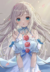 Rule 34 | 1girl, absurdres, blue eyes, blush, breasts, detached sleeves, dress, dress flower, flower, gem, gloves, hair flower, hair ornament, halter dress, halterneck, highres, jewelry, long hair, looking at viewer, medium breasts, necklace, original, parted lips, pendant, petals, shinzousan, short sleeves, sleeveless, sleeveless dress, solo, straight-on, upper body, very long hair, white hair
