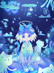 Rule 34 | 1boy, :3, absurdres, ahoge, animal ears, arms between legs, binzoko paroma, blue eyes, blue flower, blue halo, blue skirt, blue tail, bow, bowl, cat boy, cat ears, cat tail, commentary, creature, english commentary, fish, fishbowl helmet, flower, gears, glowing, glowing halo, green neckerchief, hair between eyes, hair bow, halo, highres, kneehighs, knees, looking at creature, looking to the side, male focus, neckerchief, original, paw print, pet bowl, pink flower, plant, pleated skirt, print shirt, shirt, shoes, short hair, sitting, skirt, sleeves past elbows, socks, solo, spacesuit, star (symbol), tail, tail raised, trap, white hair, white shirt, white socks, yellow bow