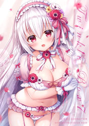Rule 34 | 1girl, blurry, bra, breasts, choker, cleavage, cover, cover page, cowboy shot, curtains, fang, flower, garter belt, gloves, hair between eyes, hair flower, hair ornament, headdress, holding, large breasts, lingerie, long hair, looking at viewer, mitsuba choco, navel, open mouth, original, panties, panties over garter belt, petals, red eyes, ribbon choker, see-through, see-through sleeves, short sleeves, silver hair, smile, solo, stomach, thigh gap, thighs, underwear, underwear only, very long hair, white bra, white gloves, white panties