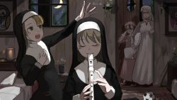 Rule 34 | 4girls, :o, absurdres, annoyed, ball, baseball bat, bed, candle, clumsy nun (diva), crescent moon, diva (hyxpk), door, flute, glasses, glasses nun (diva), habit, hat, highres, holding, holding flute, holding instrument, holding pillow, instrument, little nuns (diva), long hair, mob cap, mole, mole under eye, moon, multiple girls, music, night, nightcap, nun, open mouth, paintbrush, painting (object), pajamas, picture frame, pillow, plant, potted plant, recorder, recorder case, revision, singing, sleepy, slippers, soccer ball, spicy nun (diva), strict nun (diva), traditional nun, veil, window