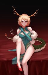 Rule 34 | 1girl, absurdres, bare shoulders, blonde hair, blue dress, china dress, chinese clothes, cigarette, cigarette holder, dragon horns, dragon tail, dress, highres, horns, kicchou yachie, leo23, looking at viewer, print dress, red eyes, red footwear, short hair, smoking, tail, touhou