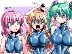 Rule 34 | 3girls, bare shoulders, blonde hair, blue eyes, breast envy, breasts, bust chart, competition swimsuit, edomae neon, empty eyes, fang, green eyes, hair ribbon, large breasts, long hair, medium breasts, multiple girls, one-piece swimsuit, open mouth, original, pink eyes, pink hair, ribbon, short hair, swimsuit, tukiwani, twintails