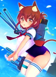 Rule 34 | 10s, 1girl, animal ears, blouse, brown eyes, brown hair, cat ears, folded ponytail, hair ornament, inazuma (kancolle), kantai collection, long hair, machinery, ocean, one-piece swimsuit, open mouth, school swimsuit, school uniform, serafuku, shirt, smokestack, solo, swimsuit, swimsuit under clothes, thighhighs, thighs, torpedo, turret, water, white thighhighs, yoshiheihe