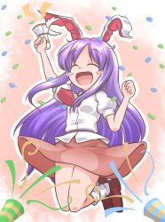 Rule 34 | 1girl, :d, ^ ^, animal ears, blush stickers, closed eyes, confetti, gun, happy, hinate, jumping, legacy of lunatic kingdom, long hair, lunatic gun, necktie, open mouth, party popper, purple hair, rabbit ears, red necktie, reisen udongein inaba, skirt, smile, solo, touhou, very long hair, weapon