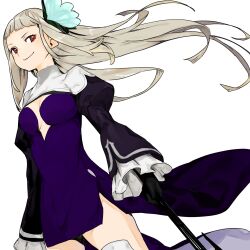Rule 34 | 1girl, bravely default (series), bravely second: end layer, cleavage cutout, clothing cutout, dress, flower, grey hair, hair flower, hair ornament, hamelon310, highres, long hair, magnolia arch, purple dress, red eyes, short dress, very long hair