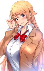 Rule 34 | 1girl, absurdres, adjusting hair, blazer, blonde hair, bouhatei (t-back), bow, bowtie, breasts, fingernails, hair ornament, hairclip, highres, jacket, kujou shion, large breasts, long hair, looking at viewer, loose bowtie, purple eyes, red bow, red bowtie, school uniform, simple background, smile, solo, sounan desuka?, upper body, white background