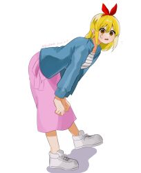 Rule 34 | 1girl, :d, artist name, bent over, blonde hair, d:, dated, from side, genjitsu o miro, green jacket, grey footwear, hairband, highres, jacket, lemon irvine, long hair, long sleeves, looking at viewer, mashle, open clothes, open jacket, open mouth, pink skirt, red eyes, red hairband, shoes, simple background, skirt, smile, solo, teeth, upper teeth only, white background