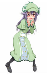 Rule 34 | 10s, 1girl, blue hair, capelet, full body, green capelet, hair flaps, hand to own mouth, hat, hercule barton, long hair, nigou, pantyhose, red eyes, simple background, solo, tantei opera milky holmes, white background
