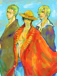 Rule 34 | 3boys, black hair, blonde hair, cigarette, earrings, formal, green hair, hair over one eye, hat, hat over one eye, jacket, jewelry, male focus, monkey d. luffy, mouth hold, multiple boys, muscular, one-eyed, one piece, open clothes, open shirt, pirate, robe, roronoa zoro, sanji (one piece), scar, shirt, straw hat, suit