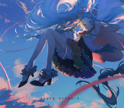 1girl absurdres ankle_flower armpits artist_name black_dress black_footwear bloomers blue_eyes blue_hair commentary detached_sleeves dress flower forehead hair_flower hair_ornament hatsune_miku highres long_hair loong_(loong_blo) magical_mirai_(vocaloid) magical_mirai_miku magical_mirai_miku_(2021) midair open_clothes open_mouth open_shirt shirt sky socks twintails underwear very_long_hair vocaloid white_bloomers white_shirt white_socks