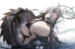 Rule 34 | 1girl, arknights, ass, bare shoulders, biittertaste, black footwear, black panties, boots, commentary, crocodilian tail, from behind, grey eyes, high heel boots, high heels, highres, long hair, long sleeves, looking back, panties, pointy ears, seiza, silver hair, simple background, sitting, solo, staff, tail, thighhighs, thighs, tomimi (arknights), torn clothes, torn panties, torn thighhighs, underwear, white background