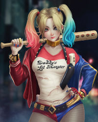 Rule 34 | 1girl, baseball bat, batman (series), belt, blonde hair, blue eyes, blue hair, bracelet, dc comics, dccu, earrings, fishnet pantyhose, fishnets, gradient background, hand on own hip, harley quinn, holster, jacket, jewelry, lipstick, mahenbu, makeup, matching hair/eyes, multicolored hair, nail polish, open clothes, open jacket, pantyhose, pink hair, short shorts, shorts, shoulder holster, smile, solo, spiked bracelet, spikes, suicide squad, tattoo, twintails