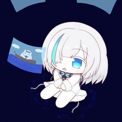Rule 34 | 1girl, azur lane, blue butterfly, blue eyes, blue hair, bug, butterfly, chibi, commentary request, dress, hair over one eye, holographic monitor, insect, long sleeves, meowfficer (azur lane), mokezi, pale skin, short dress, sitting, solo, tb (azur lane), watching television, water, white dress, white hair