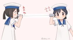 Rule 34 | 2girls, ahenn, black hair, blue sailor collar, brown eyes, commentary request, cowboy shot, daitou (kancolle), dress, hat, hiburi (kancolle), kantai collection, multiple girls, one-hour drawing challenge, open mouth, pink background, ponytail, sailor collar, sailor dress, sailor hat, short hair, short sleeves, simple background, string phone, twitter username, white hat