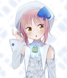 Rule 34 | 1girl, amulet spade, blue headwear, blue shirt, blush, detached sleeves, facing viewer, hair ornament, highres, hinamori amu, humpty lock (shugo chara!), blue background, long sleeves, looking to the side, multicolored background, open mouth, orange eyes, pink hair, shirt, short hair, shugo chara!, solo, spade hair ornament, suteneko gohan, white background
