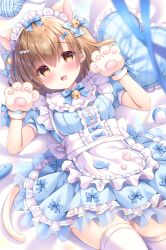 Rule 34 | 1girl, :d, animal ears, animal hands, apron, bed sheet, bell, blue bow, blue dress, blush, bow, breasts, brown eyes, brown gloves, brown hair, cat ears, cat girl, cat tail, commentary request, dress, frilled apron, frilled dress, frills, gloves, hair bell, hair between eyes, hair bow, hair ornament, hands up, heart, heart-shaped pillow, highres, jingle bell, kouta., looking at viewer, lying, maid, maid headdress, medium breasts, on back, open mouth, original, paw gloves, pillow, pleated dress, puffy short sleeves, puffy sleeves, saliva, short sleeves, smile, solo, tail, thighhighs, white apron, white thighhighs, yarn, yarn ball