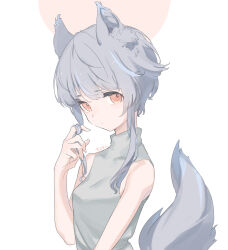 Rule 34 | 1girl, :/, animal ear fluff, animal ears, blue hair, cat ears, cat girl, cat tail, closed mouth, commentary request, grey hair, grey shirt, hand up, highres, kinutani yutaka, looking at viewer, multicolored hair, orange eyes, original, playing with own hair, shirt, short hair with long locks, simple background, sleeveless, sleeveless shirt, solo, streaked hair, tail, turtleneck, upper body, white background