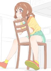 Rule 34 | 1girl, :3, absurdres, blue shorts, blush, braid, braided hair rings, brown hair, chair, closed mouth, delicious party precure, hair rings, hanamichi ran, highres, looking away, on chair, precure, puffy short sleeves, puffy sleeves, red eyes, red footwear, shirt, shoe soles, shoes, short shorts, short sleeves, shorts, sincos, sitting, sitting backwards, solo, yellow shirt