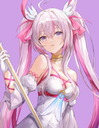 Rule 34 | 1girl, ahoge, bare shoulders, breasts, cleavage, commentary, detached sleeves, dress, gloves, hair between eyes, hair ribbon, hand up, holding, holding staff, juliet sleeves, long hair, long sleeves, looking at viewer, lunacle, medium breasts, na sera, nijisanji, nijisanji kr, parted lips, pink eyes, pink hair, puffy sleeves, purple background, ribbon, simple background, smile, solo, staff, teeth, twintails, very long hair, virtual youtuber, white dress, white gloves