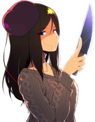 Rule 34 | 1girl, beret, black hair, blue eyes, closed mouth, commentary, frown, girls und panzer, glaring, grey sweater, hair in own mouth, half-closed eyes, hat, highres, holding, holding knife, knife, long hair, long sleeves, looking at viewer, nonna (girls und panzer), purple hat, ribbed sweater, simple background, solo, standing, sw (taco), sweater, swept bangs, twitter username, upper body, v-neck, white background