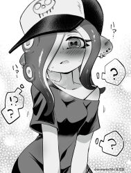 Rule 34 | !, 1girl, ?, artist name, baseball cap, blush, breasts, cephalopod eyes, commentary request, dedf1sh, eromame, eyelashes, greyscale, hair over one eye, hat, long hair, looking at viewer, medium breasts, monochrome, nintendo, octoling, off shoulder, open mouth, print headwear, single bare shoulder, solo, splatoon (series), splatoon 3, spoken exclamation mark, spoken question mark, tentacle hair, twitter username