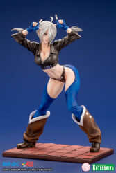 Rule 34 | 1girl, ahoge, angel (kof), belt, blue background, boots, breasts, chaps, cleavage, closed mouth, collarbone, cropped jacket, figure, fingerless gloves, full body, gloves, gradient background, hair over one eye, hands up, horns pose, index finger raised, jacket, knee boots, kotobukiya bishoujo, large breasts, leather, leather jacket, lips, navel, official art, panties, short hair, sleeves rolled up, smile, snk, stomach, the king of fighters, the king of fighters 2001, underwear, white hair, zipper, zipper pull tab