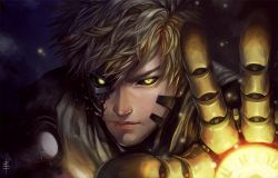 Rule 34 | 1boy, black sclera, blonde hair, colored sclera, cyborg, damaged, genos, glowing, glowing hand, juhaihai, looking at viewer, male focus, one-punch man, portrait, realistic, short hair, solo, yellow eyes