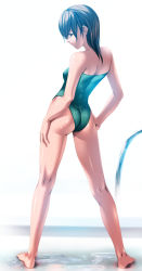 Rule 34 | 1girl, ass, bad id, bad pixiv id, bare shoulders, barefoot, brown eyes, brown hair, feet, flat chest, from behind, highres, kneepits, legs, long legs, looking back, one-piece swimsuit, original, rezi, solo, swimsuit, wet, white background