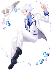 Rule 34 | 1boy, animal, blush, cat, earrings, highres, jewelry, looking at viewer, male focus, red eyes, rough (talesrunner), shoes, silver hair, simple background, spiked hair, talesrunner, tuxedo