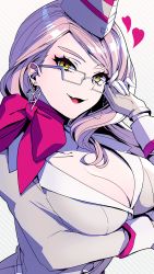 Rule 34 | 1girl, adjusting eyewear, arm under breasts, breasts, business suit, choker, cleavage, collarbone, commentary request, earrings, unworn eyewear, eyewear strap, fang, fate/grand order, fate (series), formal, glasses, gloves, hand on eyewear, hat, heart, highres, holding, holding removed eyewear, jewelry, koyanskaya (fate), koyanskaya (foreigner) (first ascension) (fate), large breasts, long hair, looking at viewer, neko-san (dim.dream), open mouth, pink hair, ribbon, ribbon choker, smile, solo, suit, tamamo (fate), white gloves, yellow eyes