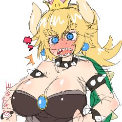 Rule 34 | 1girl, bare shoulders, blonde hair, bowsette, bracelet, breasts, cleavage, collar, collarbone, dress, fangs, female focus, fingernails, hanya (hanya yashiki), horns, jewelry, large breasts, looking at viewer, mario (series), new super mario bros. u deluxe, nintendo, open mouth, pointy ears, ponytail, sharp fingernails, sidelocks, solo, spiked bracelet, spiked collar, spikes, super crown, sweat, teeth, upper body