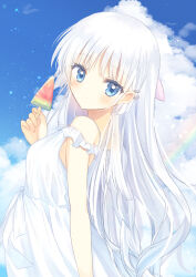 Rule 34 | 1girl, absurdres, aiyan, arm at side, bare shoulders, blue eyes, blue sky, blush, closed mouth, cloud, commentary request, day, dress, eyelashes, eyes visible through hair, food, from side, hair between eyes, hair ornament, hair ribbon, hairclip, head tilt, highres, holding food, holding ice cream, ice cream, lens flare, long dress, long hair, looking at viewer, naruse shiroha, outdoors, pink ribbon, popsicle, rainbow, ribbon, sky, smile, solo, straight hair, summer pockets, upper body, very long hair, watermelon bar, white dress, white hair